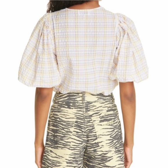 GANNI | Puff Sleeve V-Neck Plaid Check Seersucker Top - Picture 15 of 16